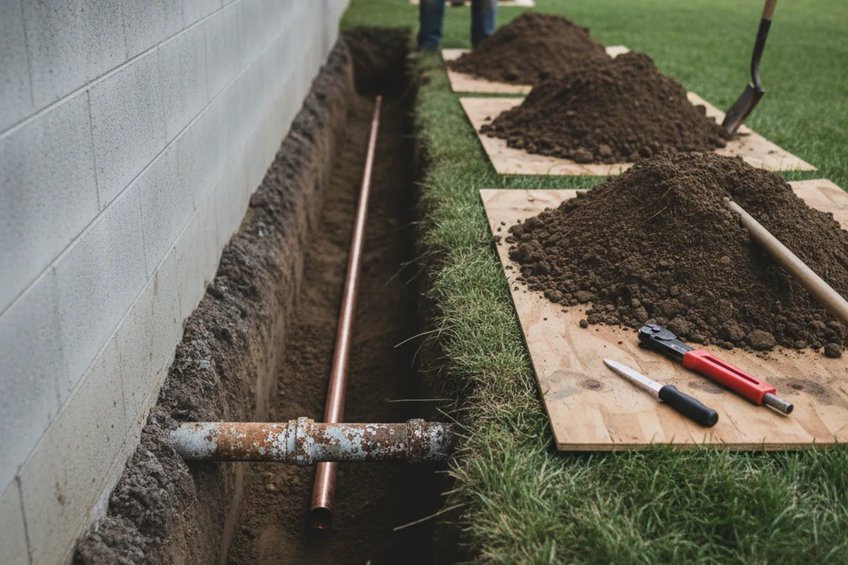 Excavated water line trench during Water Softener Installation in Missouri City